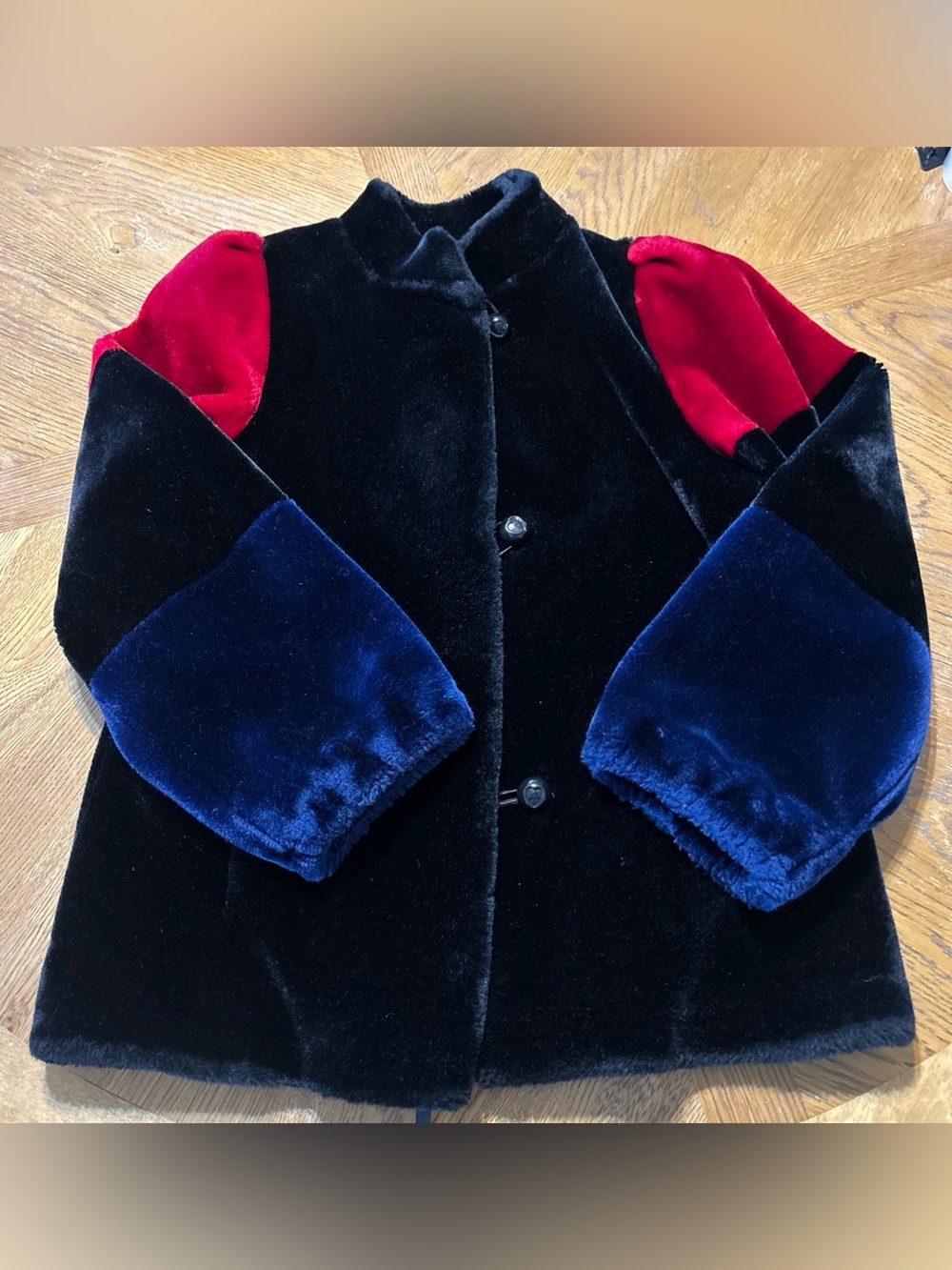 vintage Jordache black faux fur jacket with red shoulders and blue cuffs 5-6